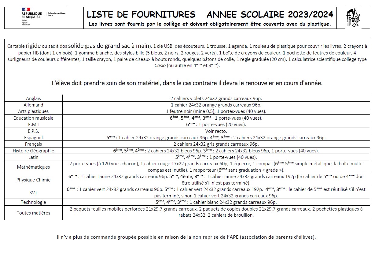 Liste des fournitures scolaires 2023-2024 – College Pasteur